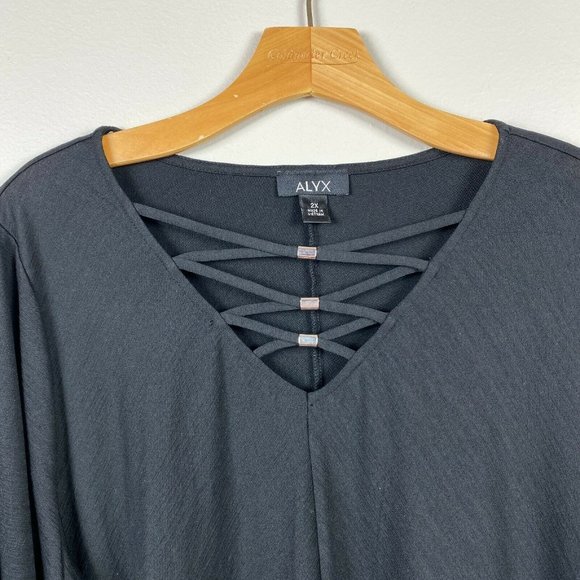 Alyx Tunic Top 2X Black Lace Up V-Neck 3/4 Ruched Sleeve Uneven Hem - Picture 2 of 10